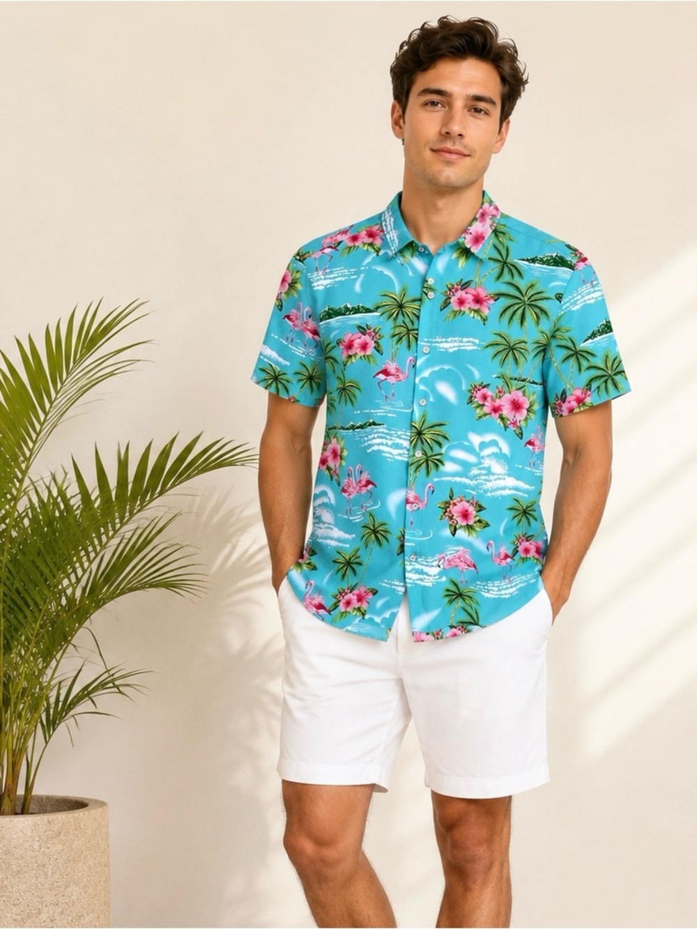 Simmashah Hawaiian Shirt Tropical Flamingo Floral Print Button Down Short Sleeve